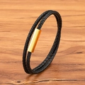 Double-layered black braided leather bracelet for men with golden magnetic steel clasp - Fine Style / Gold