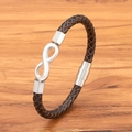 Men's minimalist braided leather bracelet with silver infinity symbol and magnetic clasp - Coffee Leather Steel Buckle