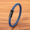 Braided blue leather bracelet for men and women with a sleek black magnetic metal clasp - Blue Leather Black Clasp
