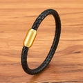 Bracelet pour homme en cuir tressé noir avec fermoir magnétique cylindrique doré - 17cm / 3mm / Or