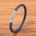 Minimalistische marineblauwe gevlochten lederen armband voor heren met zilveren magneetsluiting - Stalen Gesp Blauw Leer