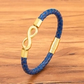Blue braided leather infinity bracelet with gold-plated magnetic clasp for men - Blue Leather Gold Buckle