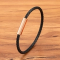 Braided black leather bracelet with a polished rose gold magnetic clasp for men - 3mm / Rose Gold / 17cm