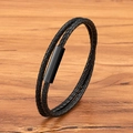 Double-layer black braided leather bracelet with magnetic stainless steel clasp for men - Fine Style / Black