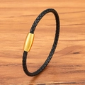 Geflochtenes Herrenarmband aus schwarzem Leder mit poliertem goldenem Magnetverschluss - 17cm / 3mm / Gold