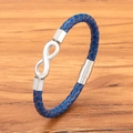 Men's navy blue braided leather infinity bracelet with silver magnetic stainless steel clasp - Blue Leather Steel Buckle