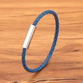 Blaues geflochtenes Lederarmband für Herren mit poliertem Magnetverschluss aus Edelstahl - 3mm / 17cm / Stahlfarben