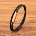 Double-wrap black braided leather bracelet with a rose gold magnetic clasp for men - Fine Style / Rose Gold