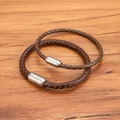 Brown braided leather magnetic bracelets set with brushed stainless steel clasp - 17cm / Style (4mm) / Brown Silver