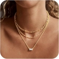 Three-layer layered necklace set with paperclip chain and rectangular zircon pendant - 3-Layer Rectangle Zirconia Pendant Style (2)