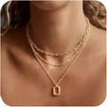 Three-layer gold necklace set featuring paperclip chain and rectangle pendant on neck - 3-Layer Hollow Rectangle Pendant Style (3)