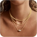 Three-layer gold layered necklace set featuring a flat snake chain and irregular pearl pendant - 3-Layer Irregular Artificial Pearl Pendant Style (4)