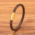 Bracelet tressé pour homme en cuir marron foncé avec fermoir magnétique en acier doré - Sangle Marron Boucle Dorée
