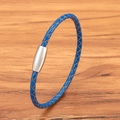 Minimalist navy blue braided leather bracelet with silver magnetic stainless steel clasp - Blue Silver Clasp