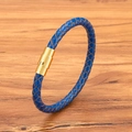 Bracciale intrecciato in pelle blu da uomo con chiusura magnetica in acciaio dorato lucido - 4mm / Blu Fibbia Dorata / 17cm