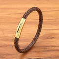 Pulsera de cuero trenzado marrón oscuro con cierre de acero inoxidable dorado pulido - 4mm / 17cm / Cuero Café Hebilla Dorada