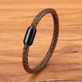 Deep brown braided leather bracelet with a matte black magnetic stainless steel clasp - 17cm / Style (4mm) / Brown With Black Clasp