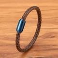 Men's dark brown braided leather bracelet with a blue brushed metal magnetic clasp - 17cm / Style (4mm) / Brown Leather Blue Buckle