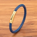 Pulsera de cuero azul trenzado con un cierre de presión en acero inoxidable dorado - 4mm / 17cm / Cuero Azul Cierre Dorado