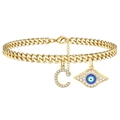 Gold Cuban chain bracelet with Evil Eye and rhinestone letter C charms on white background - Letter C