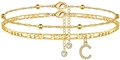 Detailed shot of double-layered gold anklet with Figaro chain and zircon letter C pendant - Letter C