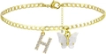 Detail view of gold anklet with sparkling rhinestone letter H and white butterfly charm - Gold H