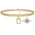 Gold Cuban link anklet featuring micro-paved letter D and sparkling evil eye pendant - Letter D