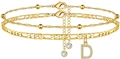 Detail of gold double-layer anklet with zircon letter D pendant and beaded twist chain - Letter D