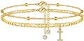 Goldenes zweilagiges Fußkettchen-Set mit Figaro-Kette und Zirkon-Anhänger Buchstabe I - Buchstabe I