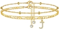 Mehrlagiges Gold-Fußkettchen-Set mit Figaro-Kette, Zirkonia-Buchstabe J und Kristallanhänger - Buchstabe J