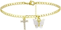 Golden beach anklet with T-letter pendant and white butterfly charm for women - Gold T