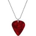 Close-up of guitar pick necklace with red marble texture and stainless steel bead chain - Necklace / Red Pick