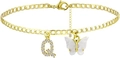 Golden butterfly and crystal letter Q charm anklet with adjustable curb chain - Gold Q