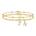 Zweilagiges goldenes Fußkettchen mit Perlenkette und Buchstaben-N-Anhänger mit Zirkonia - Buchstabe N