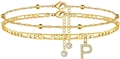 Zweilagiges goldenes Fußkettchen-Set mit Figaro-Kette und glitzerndem Buchstaben P - Buchstabe P