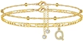 Dreilagiges goldenes Fußkettchen-Set mit Buchstaben-Q-Zirkonia-Anhänger und Kette - Buchstabe Q