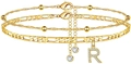 Goldenes Fußkettchen-Set mit Figaro-Kette, Buchstaben R Anhänger und Perlenkette - Buchstabe R