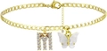 Goldene Gliederkette Fußkettchen mit glitzerndem M-Anhänger und weißem Schmetterling - Gold M