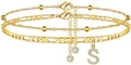Zweilagiges goldenes Fußkettchen mit Figaro-Kette und Zirkonia-Buchstabe S Anhänger - Buchstabe S