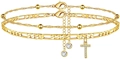 Goldenes Doppel-Fußkettchen mit Figaro-Kette, Zirkonia und T-Buchstaben-Anhänger - Buchstabe T
