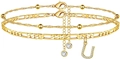 Goldenes zweilagiges Fußkettchen mit Figaro-Kette, Zirkon und Kristall-U-Anhänger - Buchstabe U