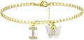Goldene Fußkette mit glitzerndem Buchstaben-I-Anhänger und weißem Schmetterling-Charm - Gold I