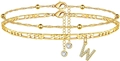 Zweilagiges goldenes Fußkettchen-Set mit Zirkonia-Buchstabe W Anhänger und schicken Perlen - Buchstabe W