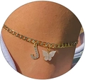 Goldene Gliederkette Fußkettchen mit glitzerndem Buchstaben J und weißem Schmetterling - Gold J