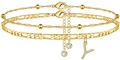 Goldenes zweilagiges Fußkettchen-Set mit Figaro-Kette, Goldperlen und Zirkonia-Buchstabe Y - Buchstabe Y