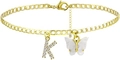 Goldene Panzerkette-Fußkette mit Kristall-Buchstabe K und weißem Schmetterling - Gold K