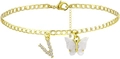 Goldenes Fußkettchen mit Schmetterling und Zirkonia-Buchstabe V, Gliederkette - Gold V