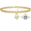 Goldenes Gliederkette Fußkettchen mit Kristallbuchstabe W und Evil Eye Anhänger - Buchstabe W