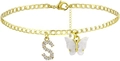 Goldene Fußkette mit S-Buchstaben-Anhänger und weißem Schmetterling aus Muschel - Gold S