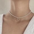 Elegant pearl choker necklace with a hollow heart pendant and sparkling rhinestones for women - SY321-Simple Pearl Chain Gold Heart Pendant Necklace